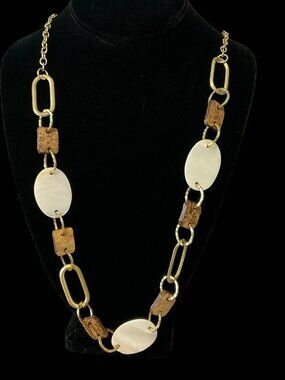 Textured Gold Tone Necklace w/ Wood & Mother of Pearl Accents